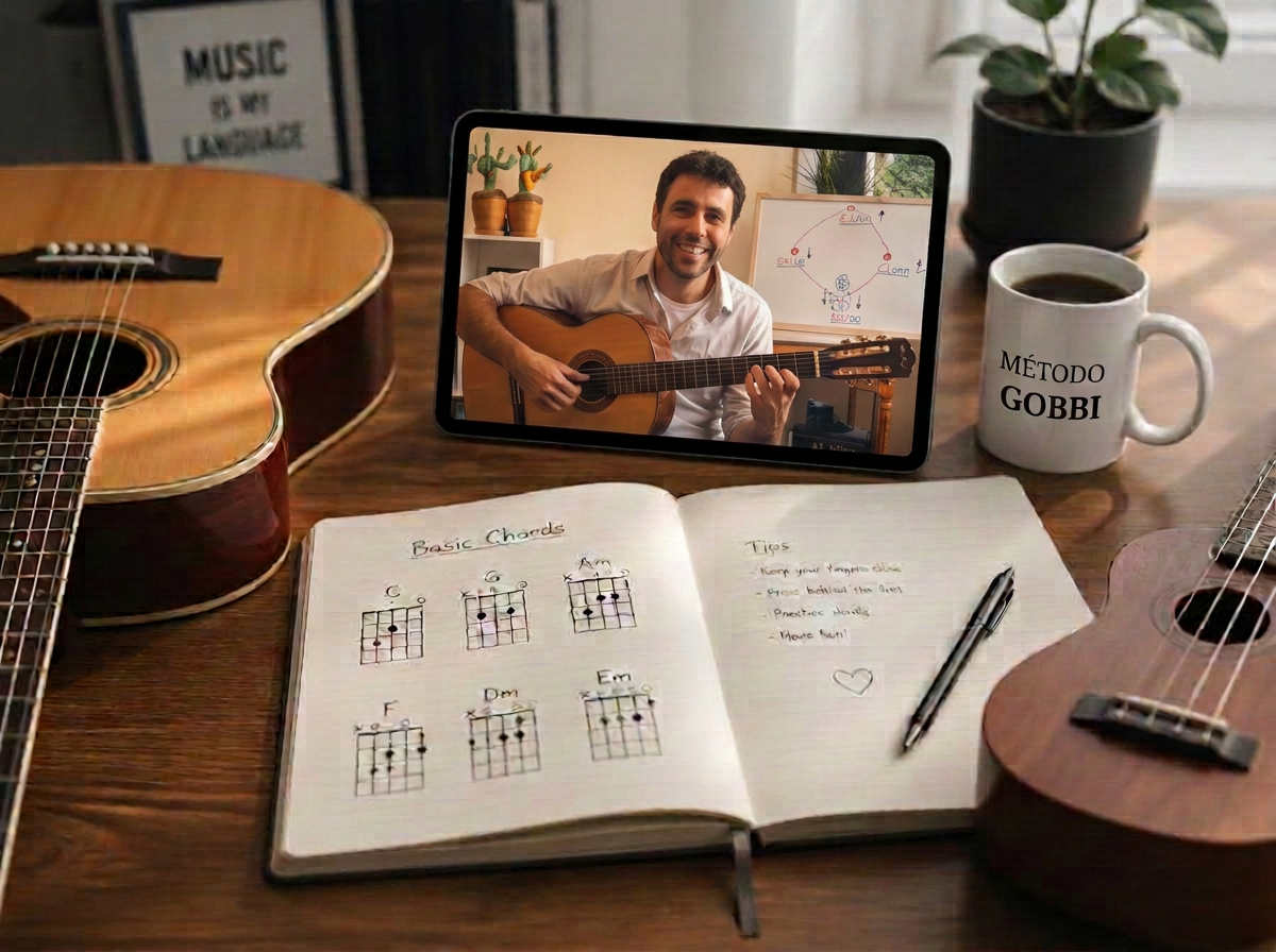 Caderno com acordes básicos, violão, ukulele e tablet exibindo uma aula