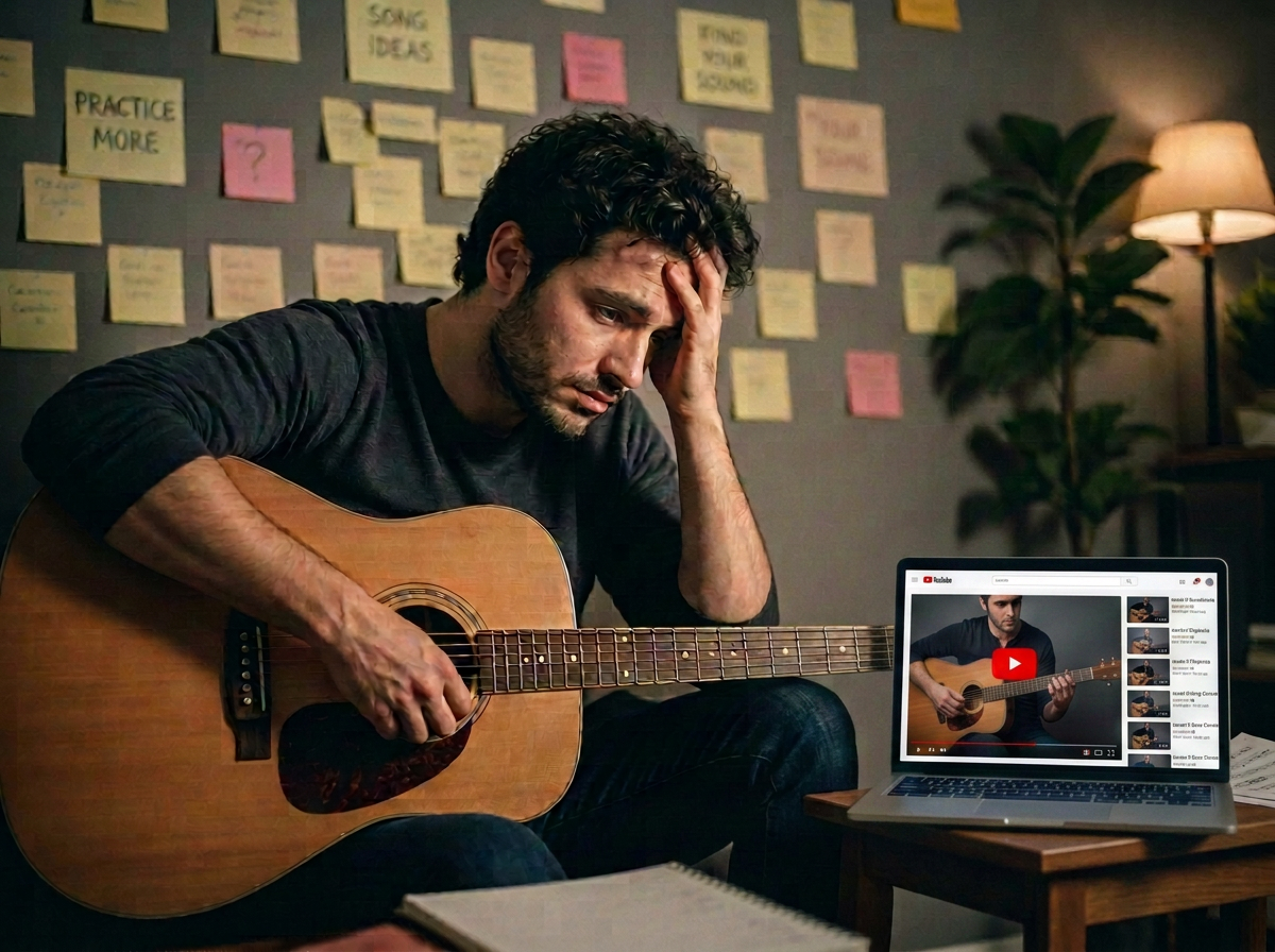Adulto com violão demonstrando dificuldade diante de anotações e uma aula na tela